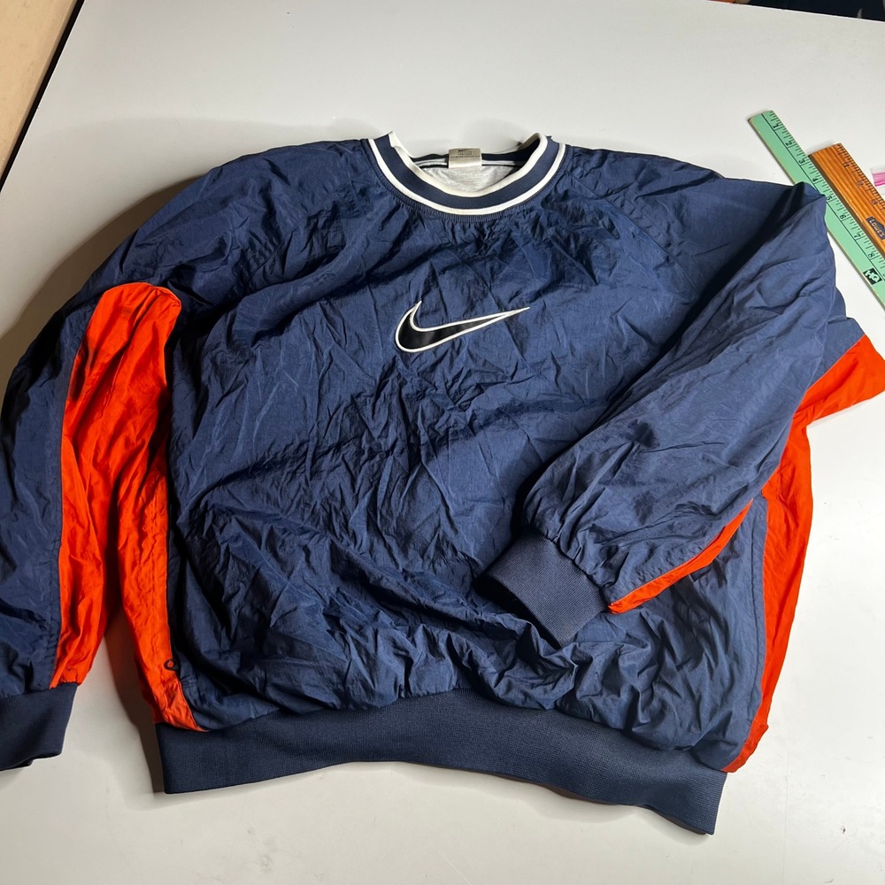 Vintage Nike Windbreaker Pullover Navy Orange Center Swoosh Large RN 56323